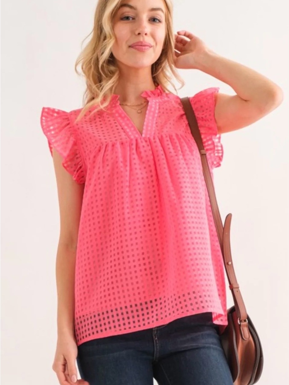 entro  Pink Flutter Sleeve Eyelet Blouse